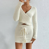Two-Piece Knitted Solid-Color Top,Skirt Set