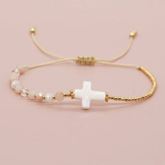 BOHEMIAN SHELL CROSS CRYSTAL COPPER BEAD BRACELET_CWAB4632