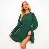 Solid Color Pinched Waist Long Sleeve Dress