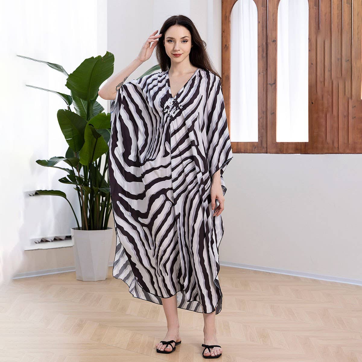 Zebra Knit Front Beachver-Up Maxi Dress_Cwmm6206