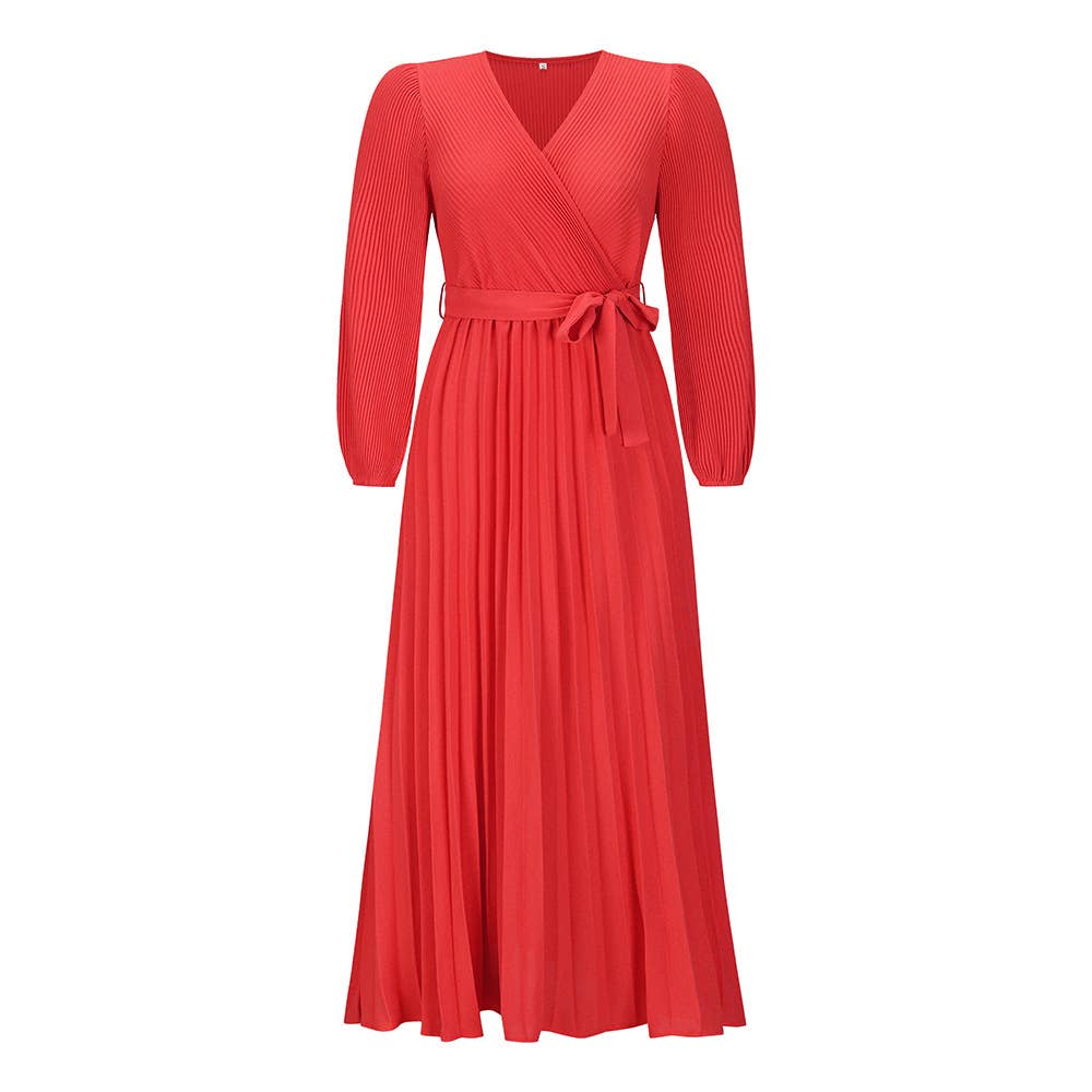 V-Neck,Long-Sleeved,Waist-Cinching Long Dress