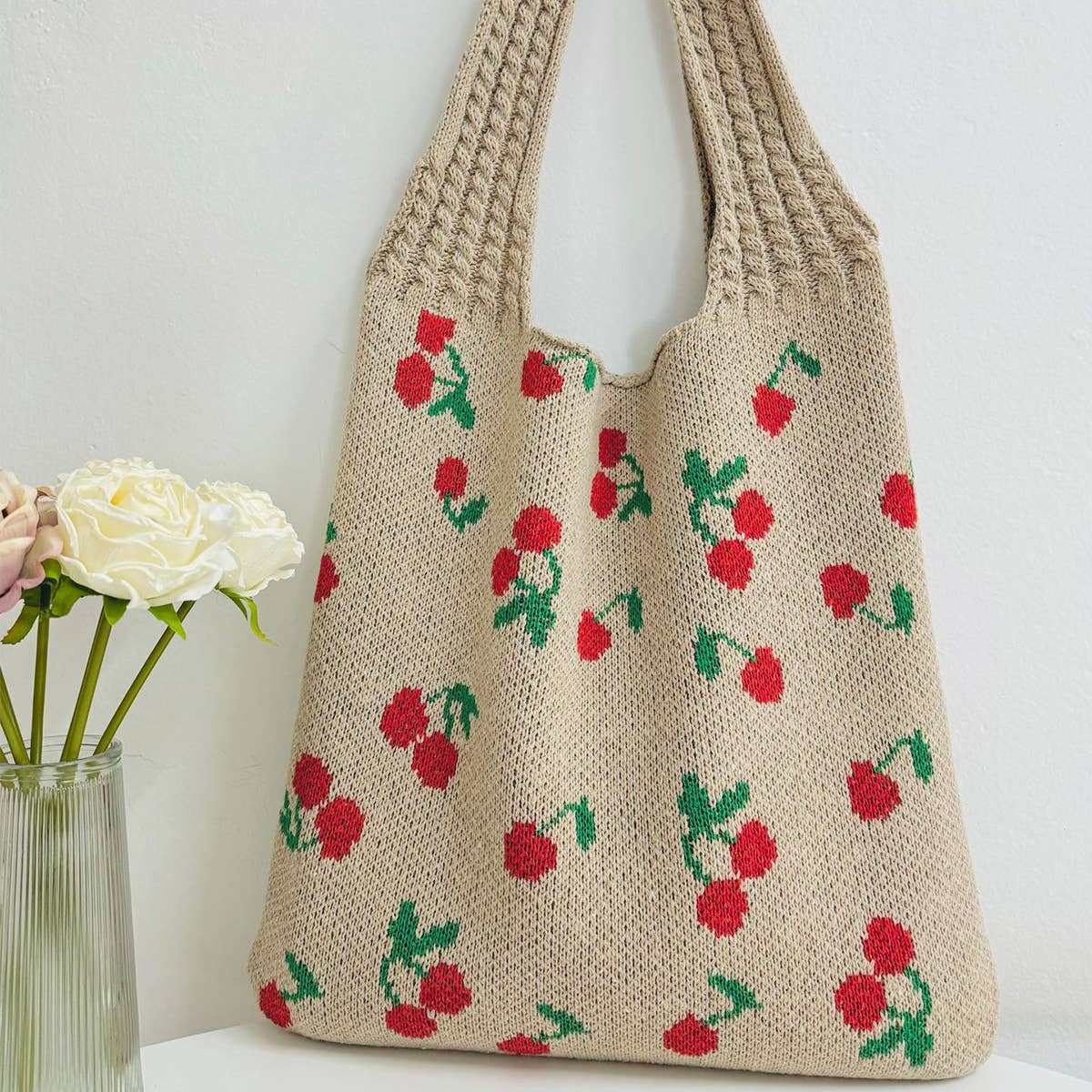 Cwab5062_Large Capacity Knitted Bow Woven Tote Bag