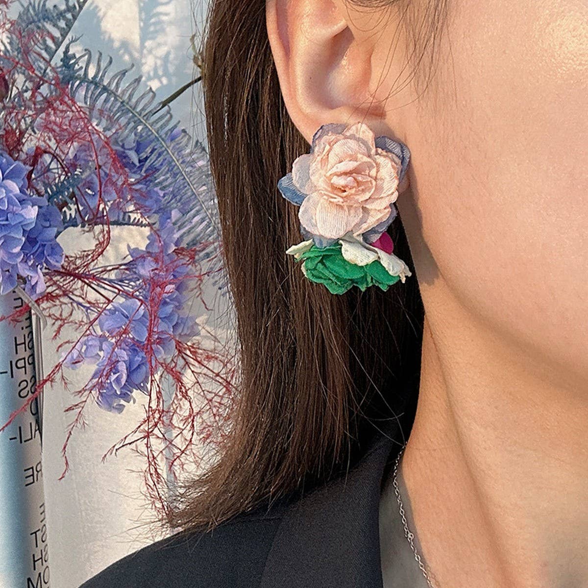 FABRIC FLOWER C SHAPED STUD EARRINGS FRESH STYLE_CWMM6183