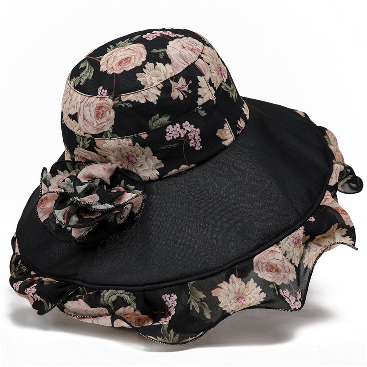 SEASIDE FLOWER BREATHABLE LARGE BRIM SUN HAT_CWAH1457