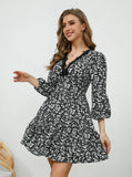 Spliced Floral V-Neck Floral Long-Sleeved Dress