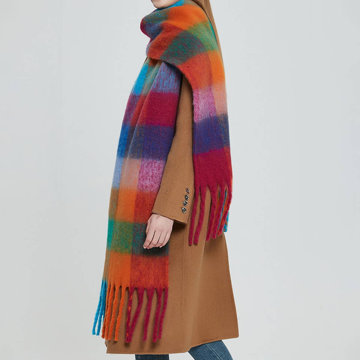 RAINBOW PLAID FUZZY SCARF THICK WINTER SHAWL WRAP_CWASC1051