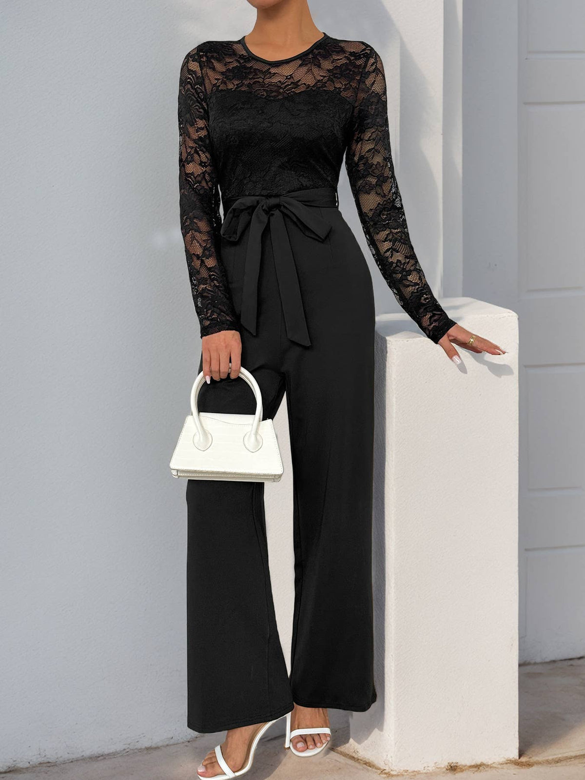 Solid Color Jumpsuit Lace Patchwork Zipper
