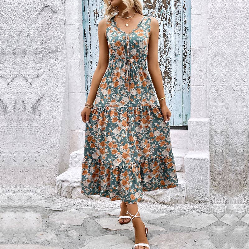 V-Neck Printed High Waist Waist Long Swing Dress