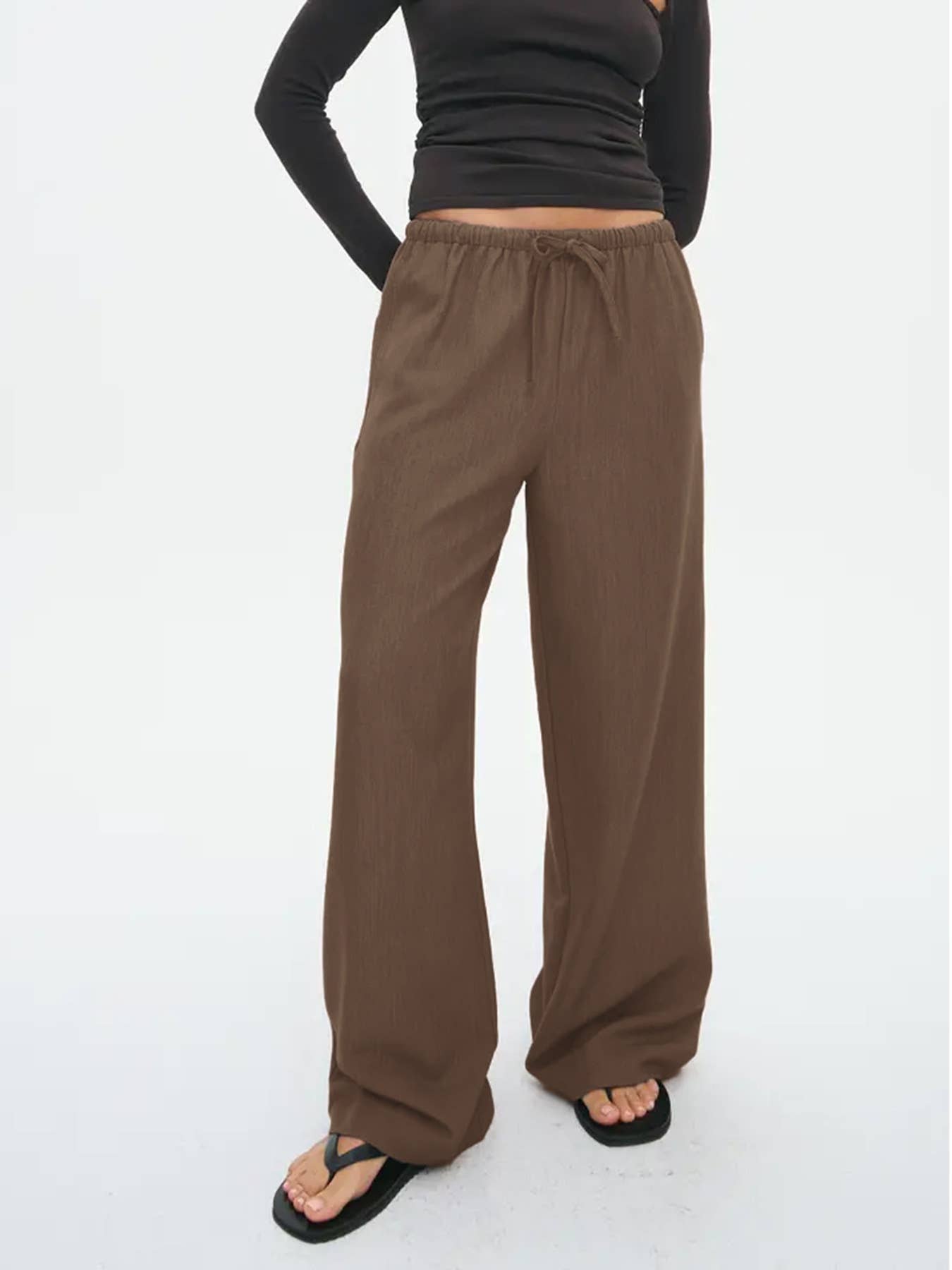 Stretched-Waist Drawstring Straight-Leg Trousers