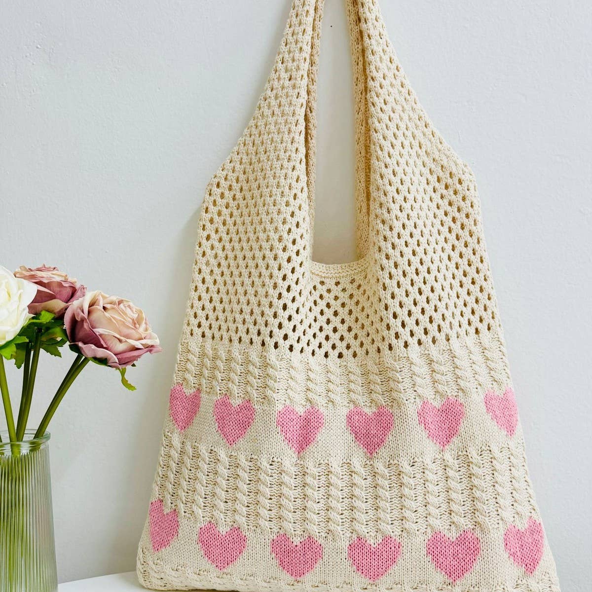 Cwab5068_Heart Pattern Woven Bag Large Capacity Tote Bag