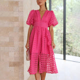 V-Neck Hollowed-Out Lantern Sleeve Dress