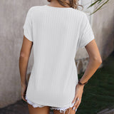 Womens V Neck Pullover Jacquard Short Sleeved Top_Cwtts0897