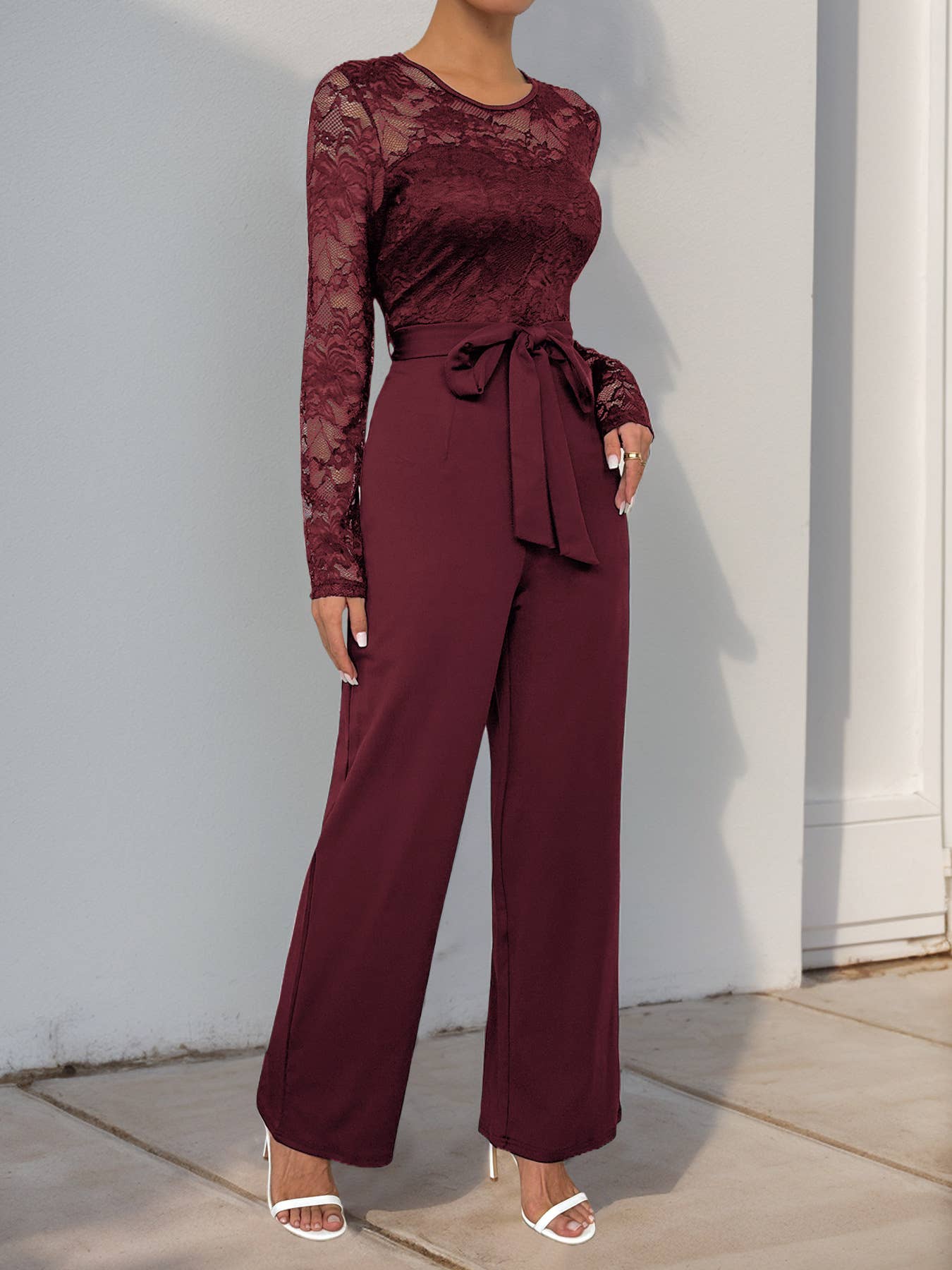 Solid Color Jumpsuit Lace Patchwork Zipper