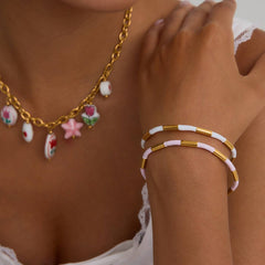 CLASSIC 18K GOLD BAMBOO PINK ENAMEL OPEN BANGLE_CWAJE4742
