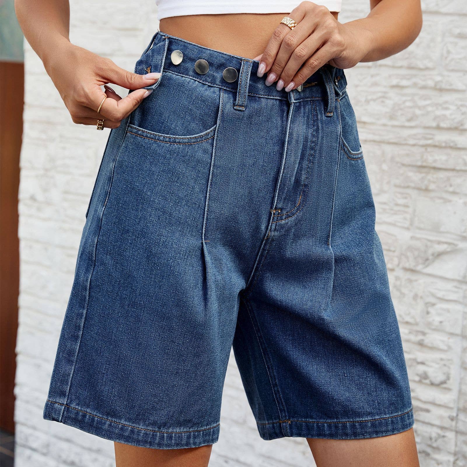 Washed Waist Adjustable Denim Quarter Shorts
