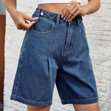 Washed Waist Adjustable Denim Quarter Shorts