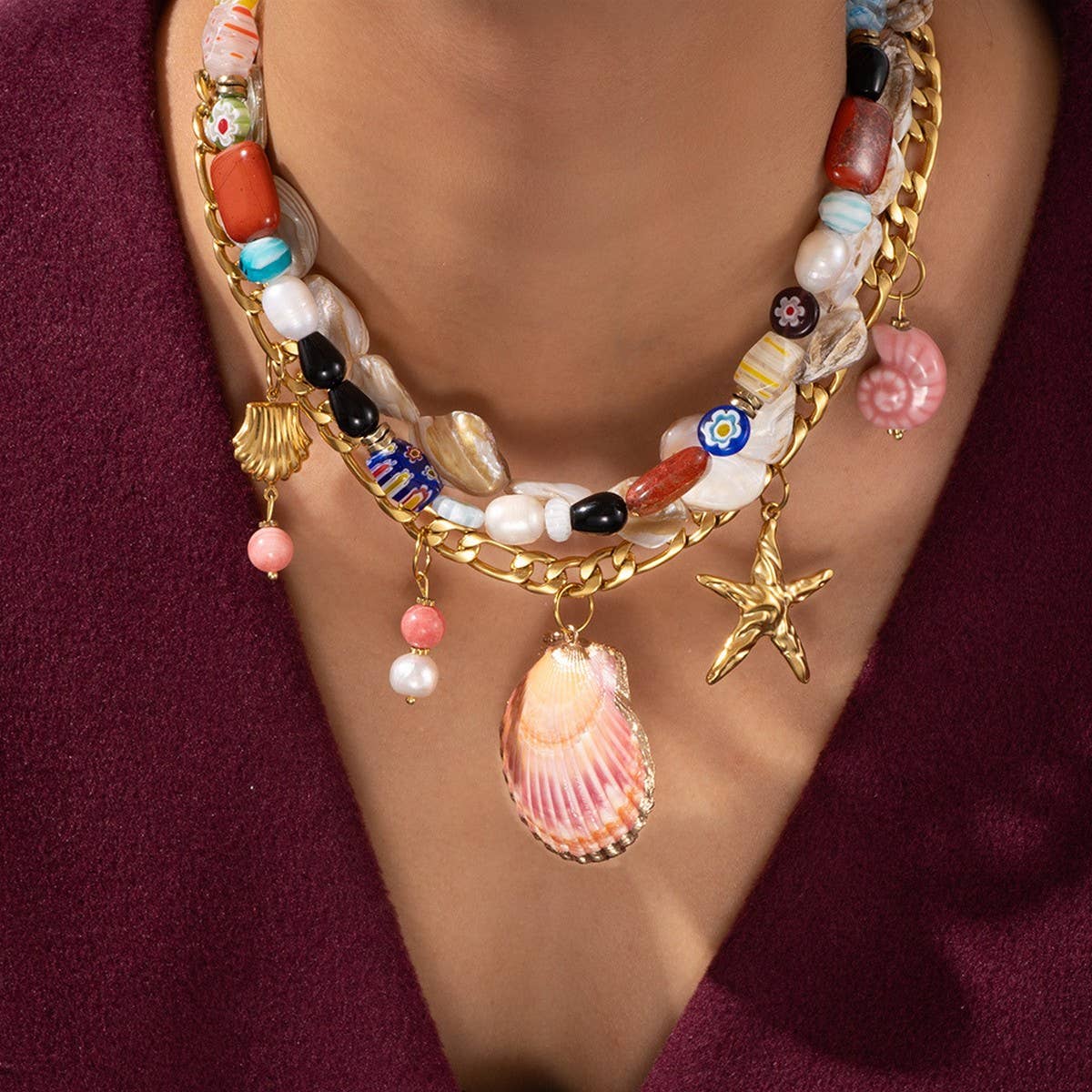 LARGE SHELL STARFISH BEADED FIGARO NECKLACE_CWMM7534