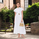 Sun Metal Belt Short Sleeve Stand-Up Collar Dress