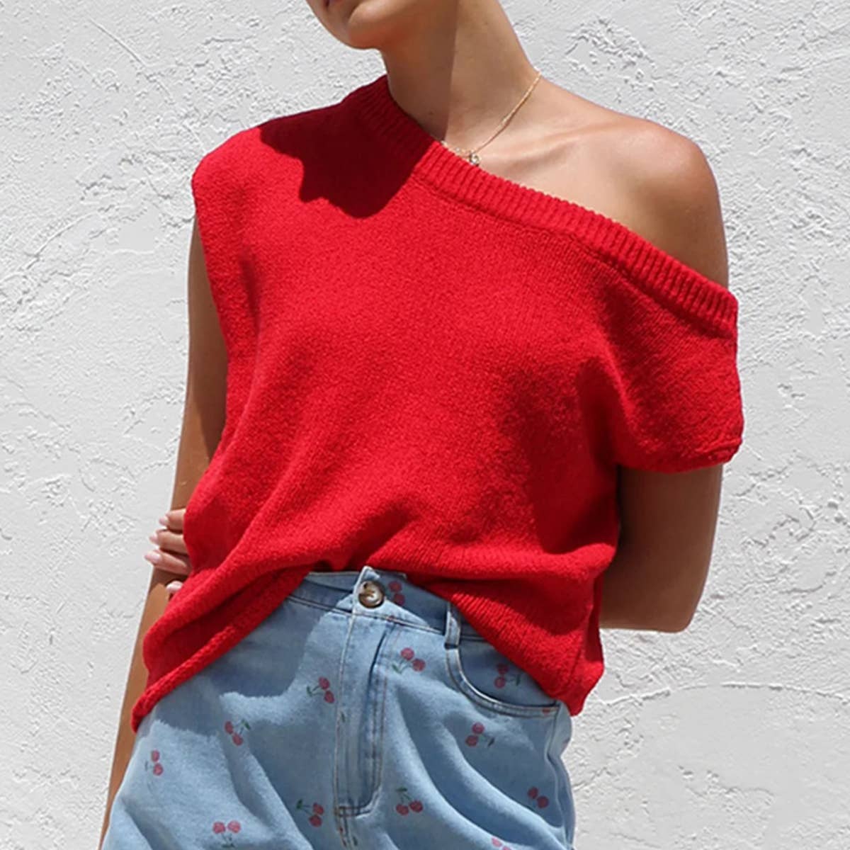 Solid Color,Off-The-Shoulder,Loose Short Sleeve