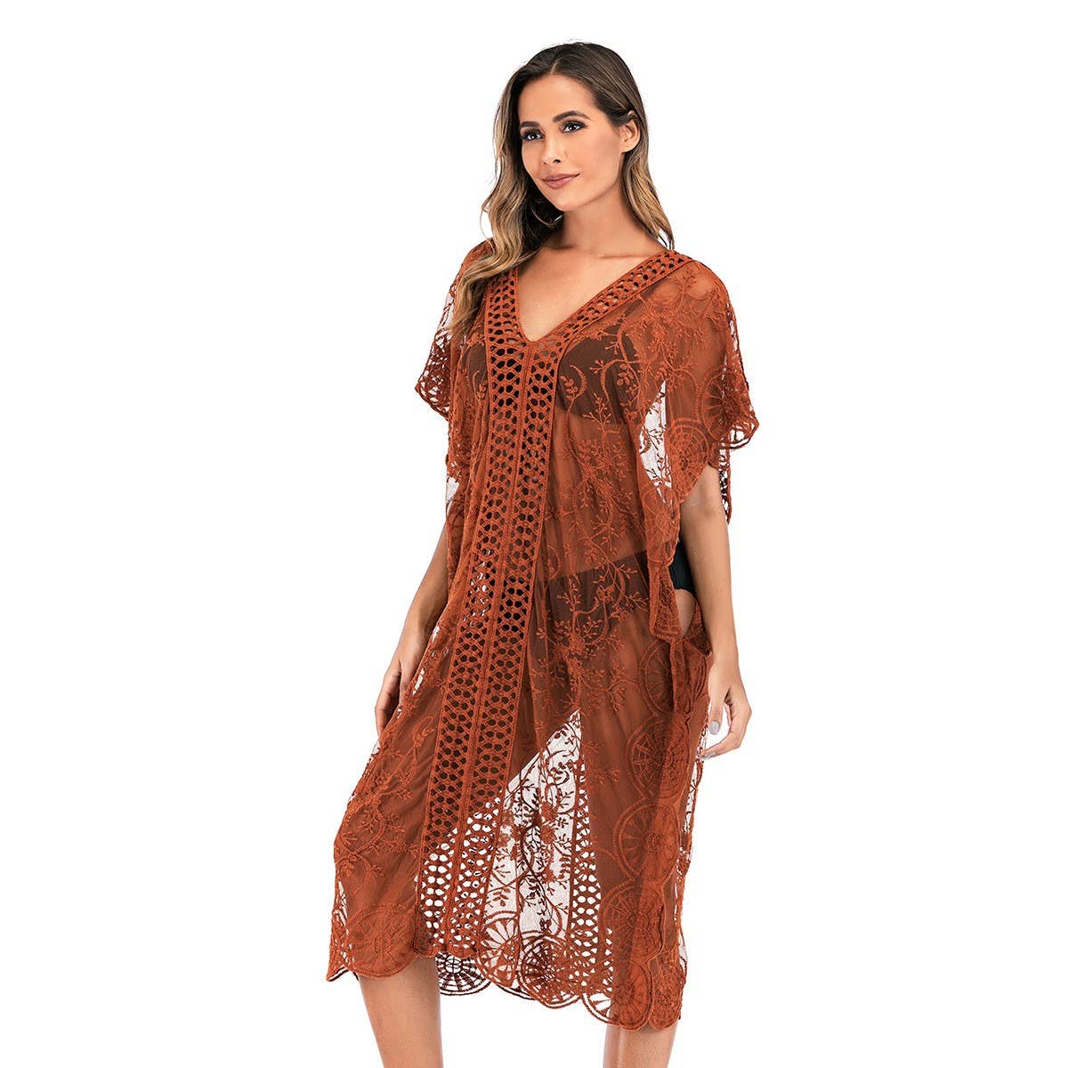 SEXY HOLLOW V NECK LACE SWIMSUIT COVER UP_CWMW0682