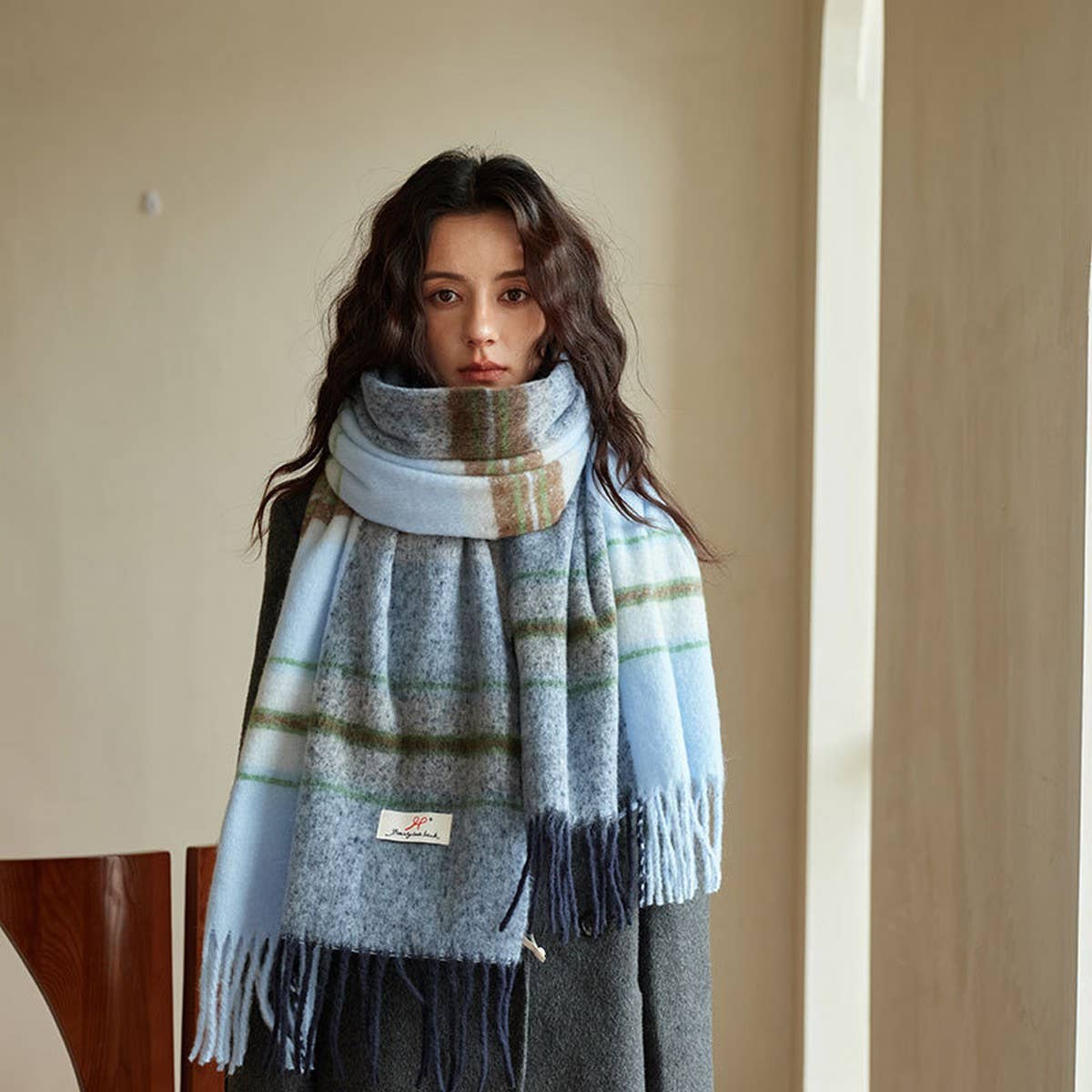 BLUE PLAID FAUX CASHMERE SCARF WINTER WARM_CWASC2337