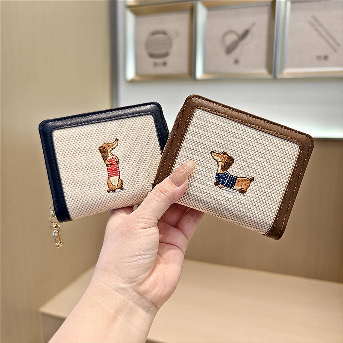 Cute Embroidered Dachshund Zip Bifold Wallet_Cwab06201
