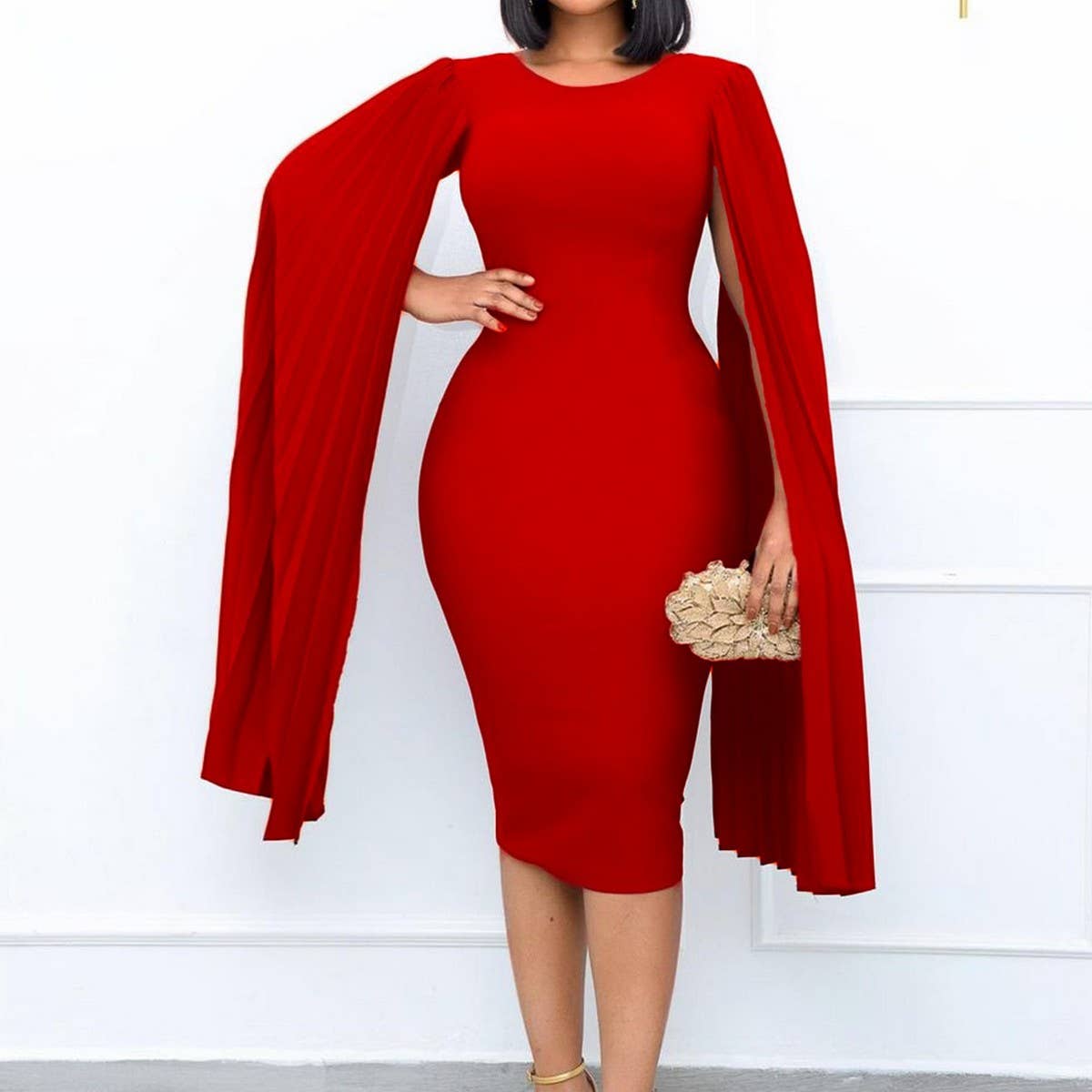 PLEATED ROUND NECK ELEGANT HIP HUGGING TIGHT DRESS_CWDMD3701