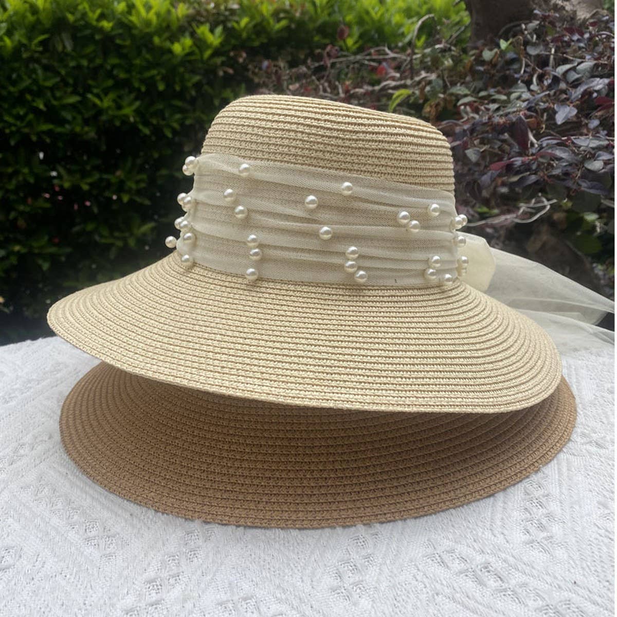 ELEGANT PEARL BOW TIE DECORATED STRAW HAT_CWAH1163
