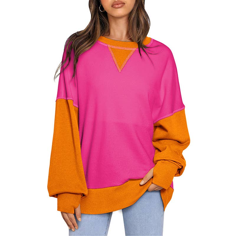 Two-Tone Round-Neck Loose Pullover Hoodie