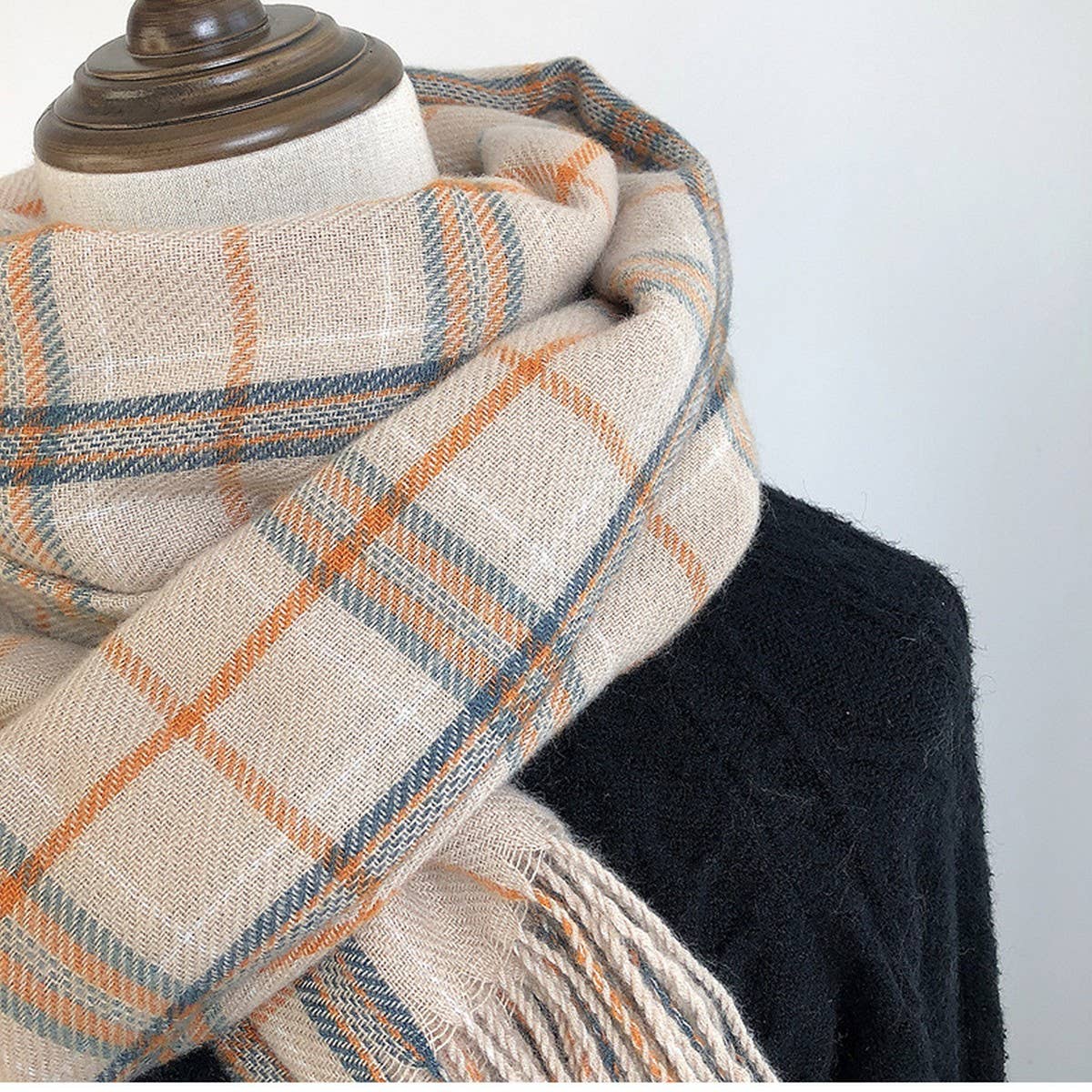 PLAID FAUX CASHMERE SCARF COZY FRINGE WINTER WRAP_CWASC1459