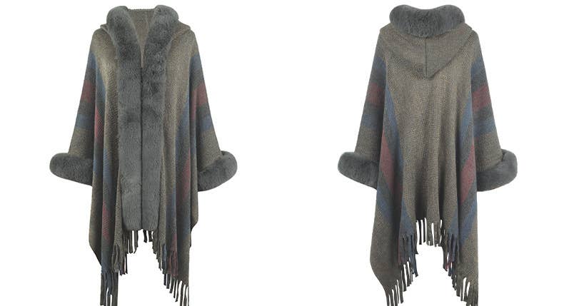 Womens Hooded Cape Striped Knitted Fringe Shawl