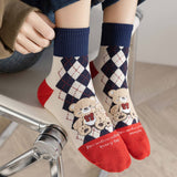 CARTOON BEAR CHECKERBOARD MIDDLE TUBE SOCKS_CWMS1389