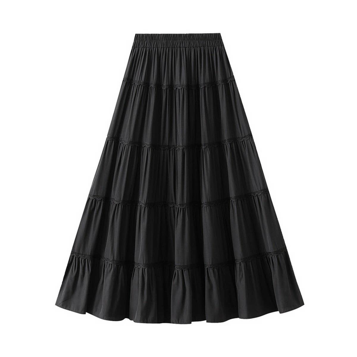 HIGH WAIST LACE TRIM A LINE TIERED MAXI SKIRT_CWBMS0363