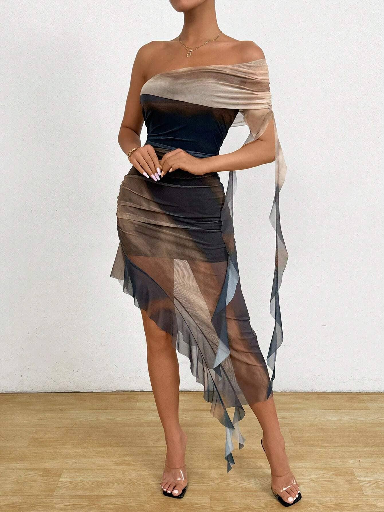 Womens Ruched Strapless Split Mesh Ruffle Dress