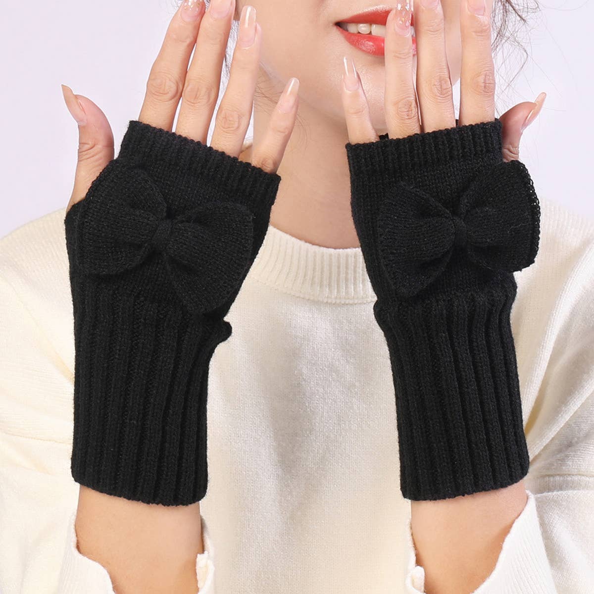 Bow Knitted Thermal Fingerless Sleeves_Cwag0110