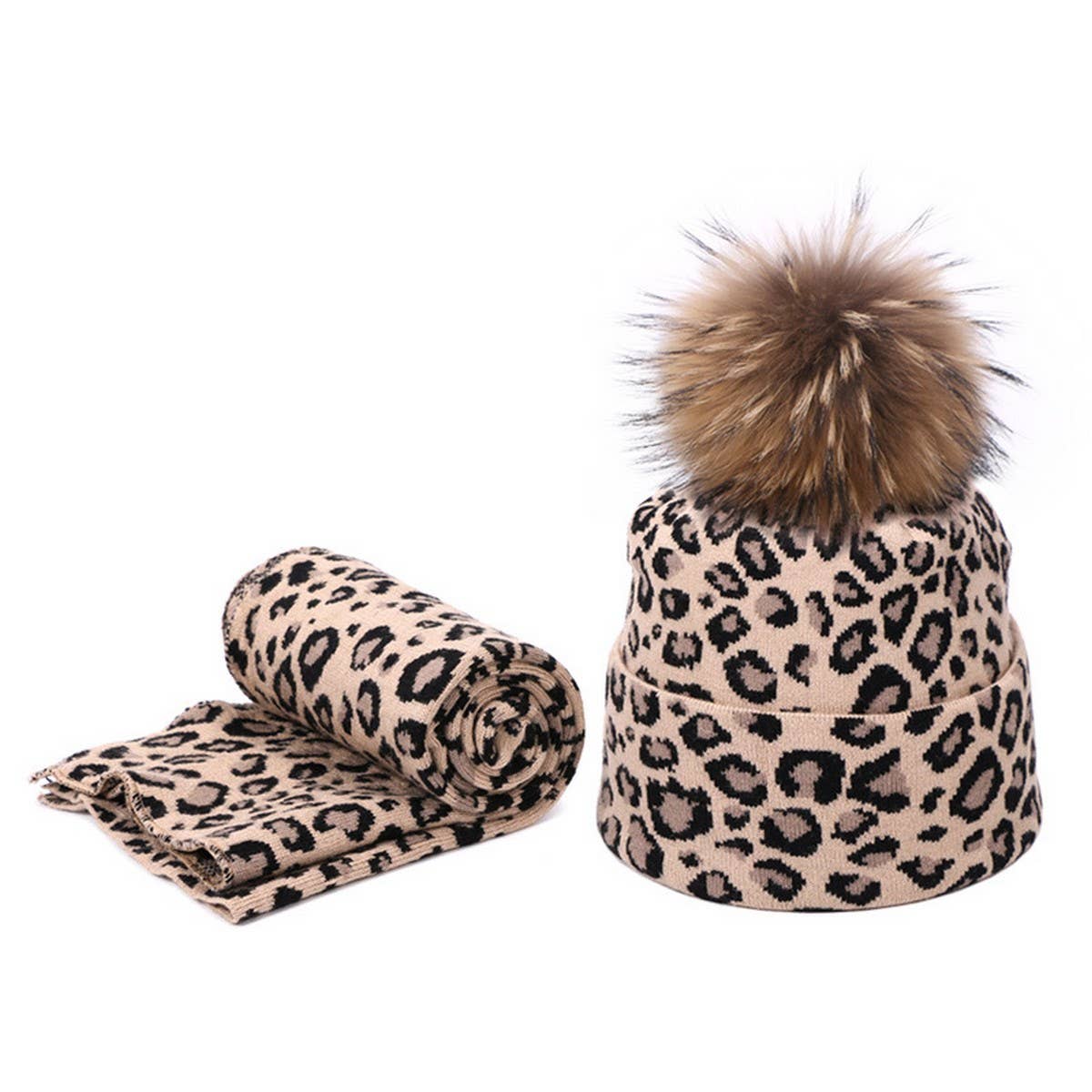 Leopard Knit Beanie With Pom & Scarf Set_Cwah04988