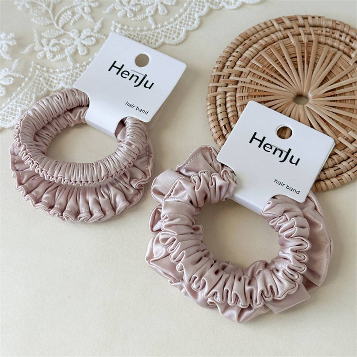 Pink Satin Bead Scrunchie Soft Hair Tie_Cwaha07599