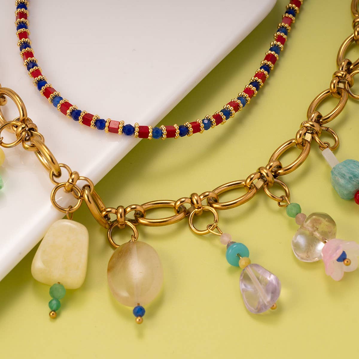 FASHION BEADED STEEL NECKLACE WITH STONE PENDANT_CWMM8842