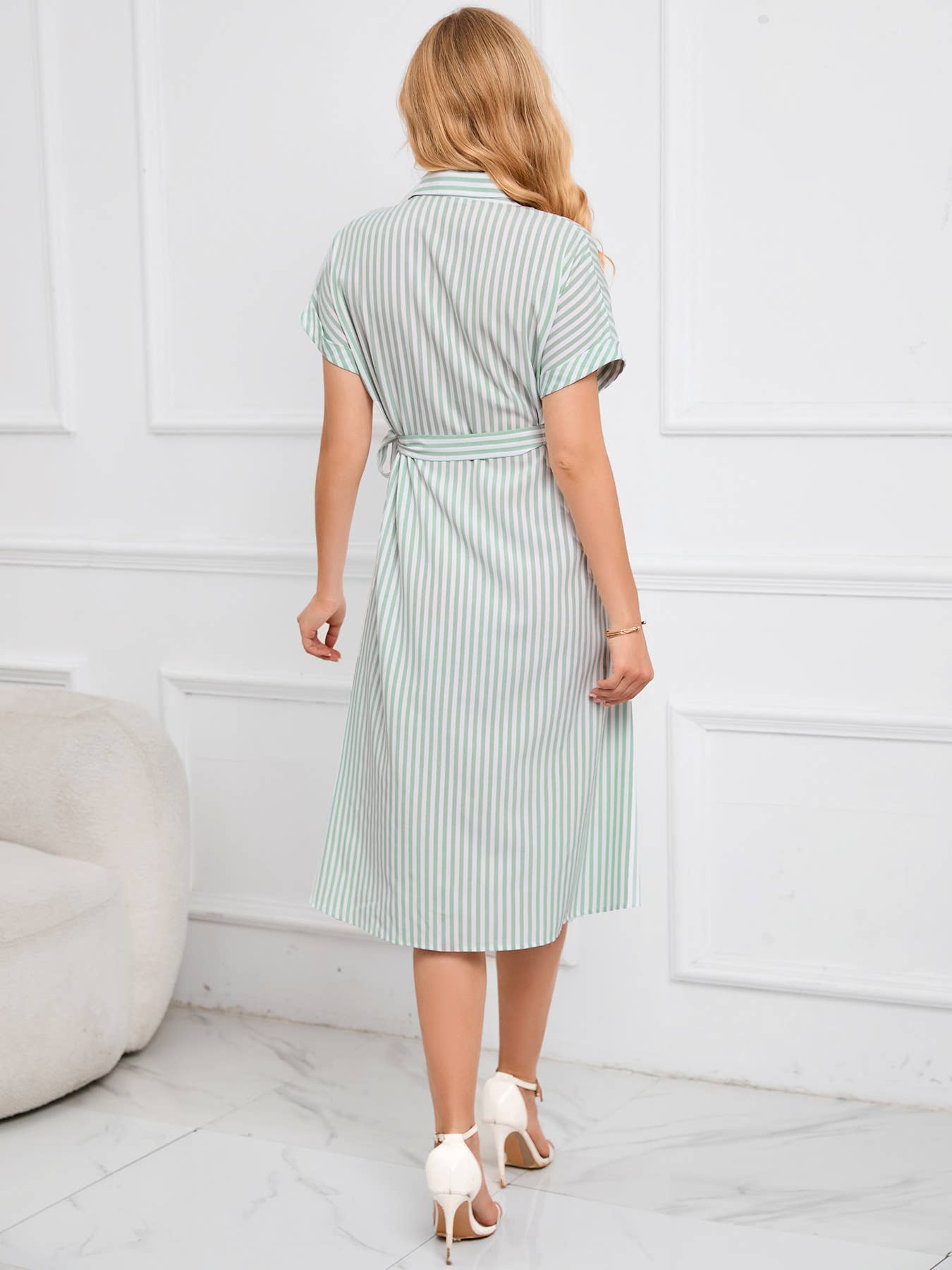 V-Neck Shirt-Style Single Breasted Striped Dress
