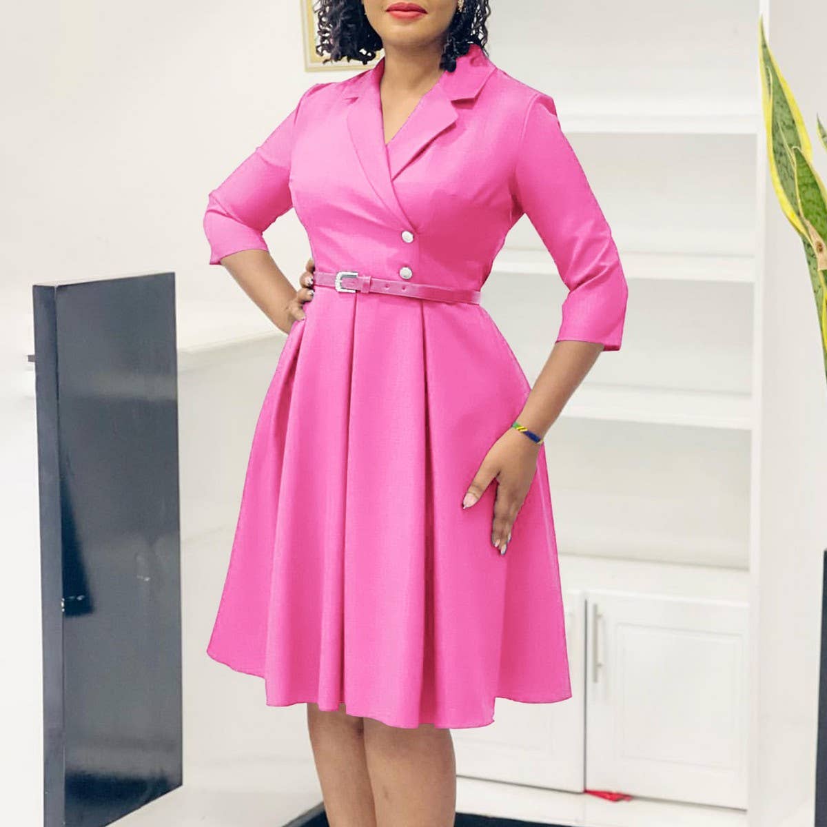 SOLID COLOR SUIT COLLAR HIGH WAIST DRESS_CWDSD6065