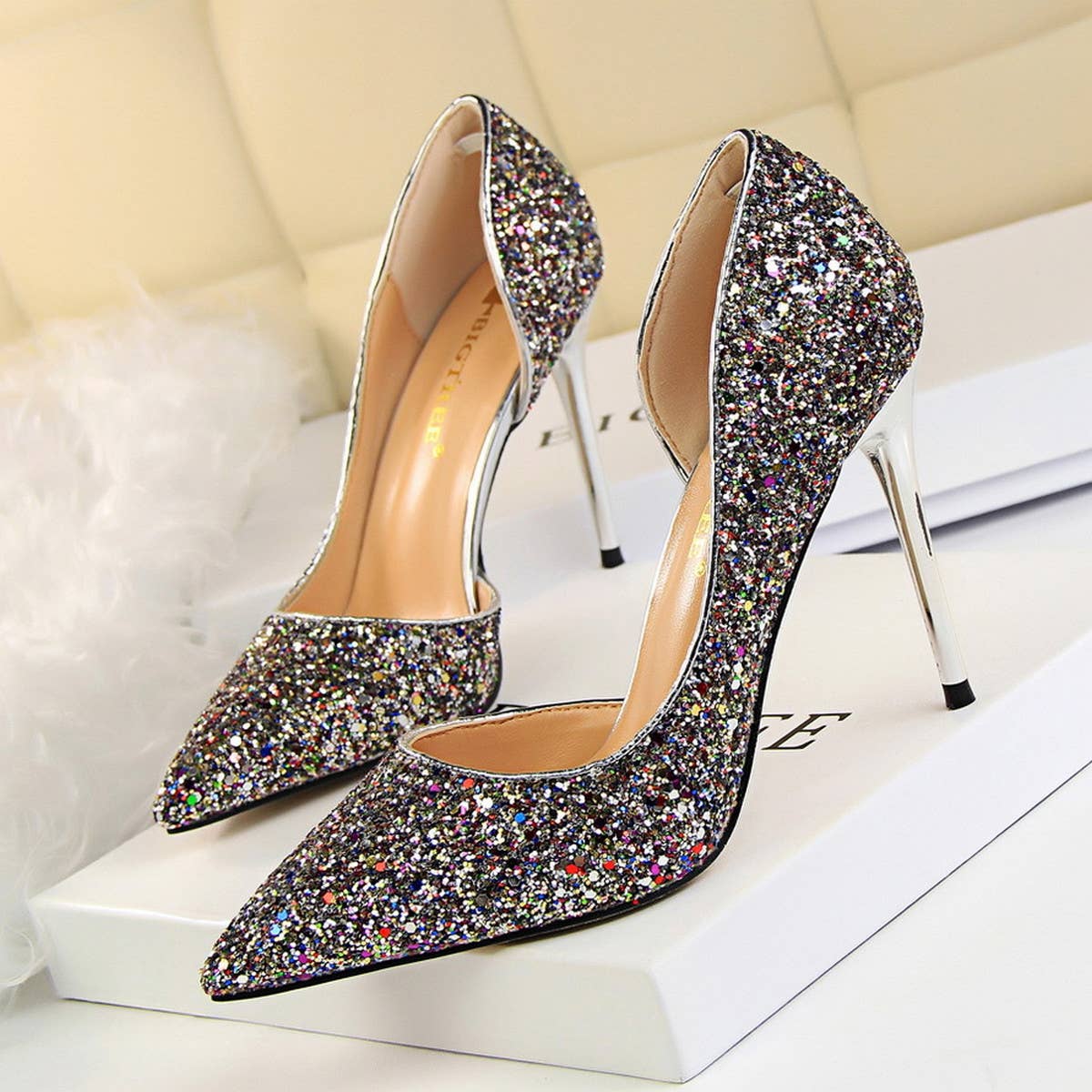 Women Pointy Side Hollowed Sequined High Heels