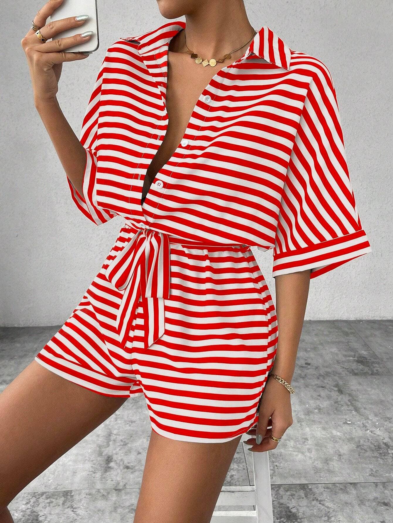 Womens Striped Buttoned Cardigan Romper