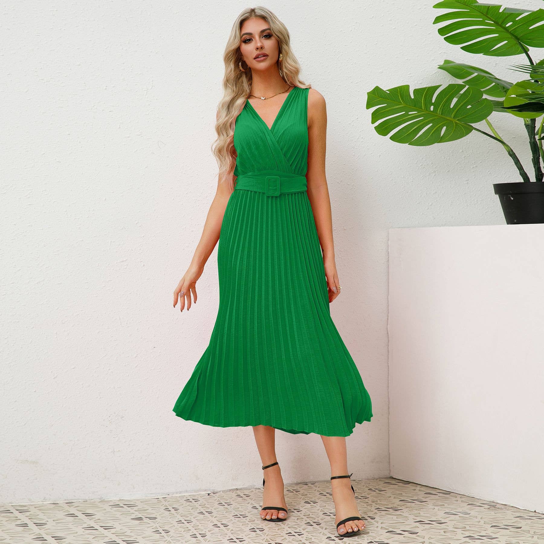 V-Neck Pleated Belted Bodycon Midi Dress