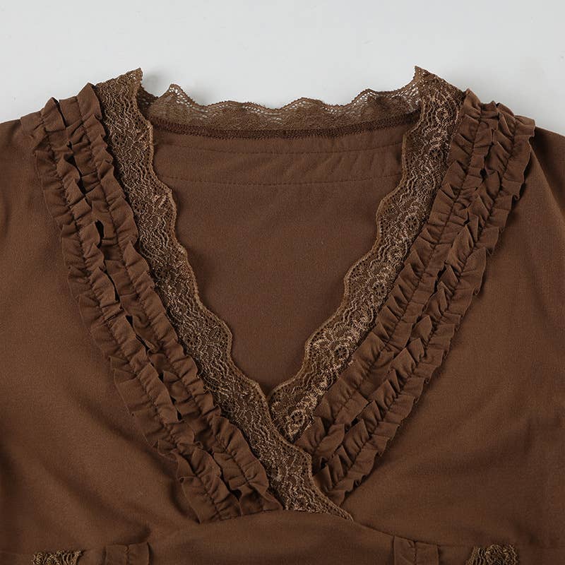 Vintage Wood Ear Trim V-Neck Long Sleeve T-Shirt