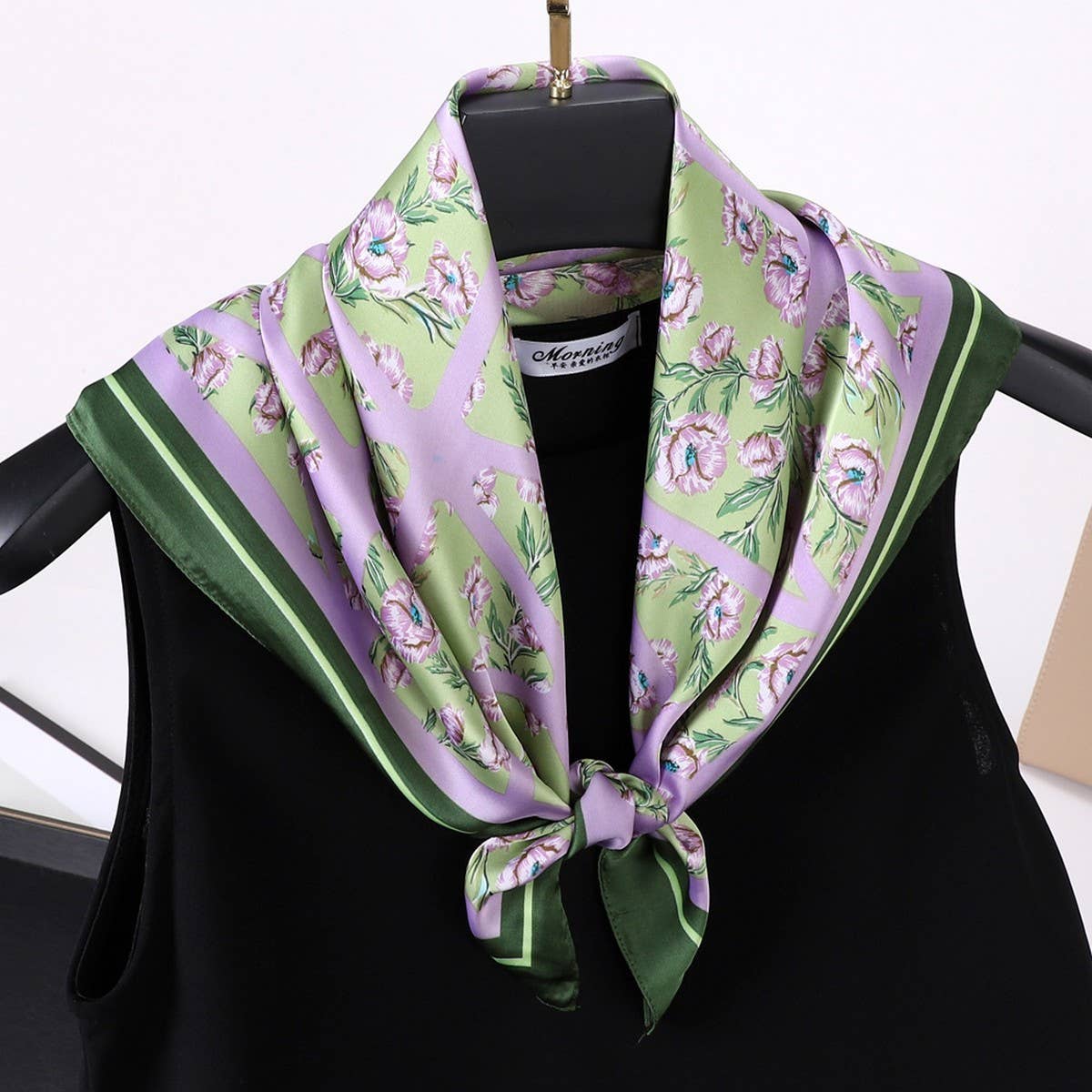 Vintage Letter Print Satin Square Scarf For Women_Cwasc0809