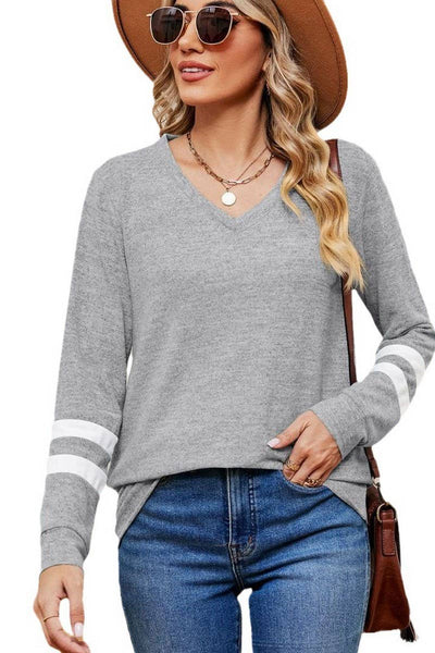 Cwtbll2392_V-Neck Long-Sleeved Contrast Color Loose Top