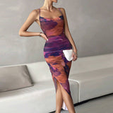 Tie-Dye Drawstring Bodycon Mesh Midi Dress