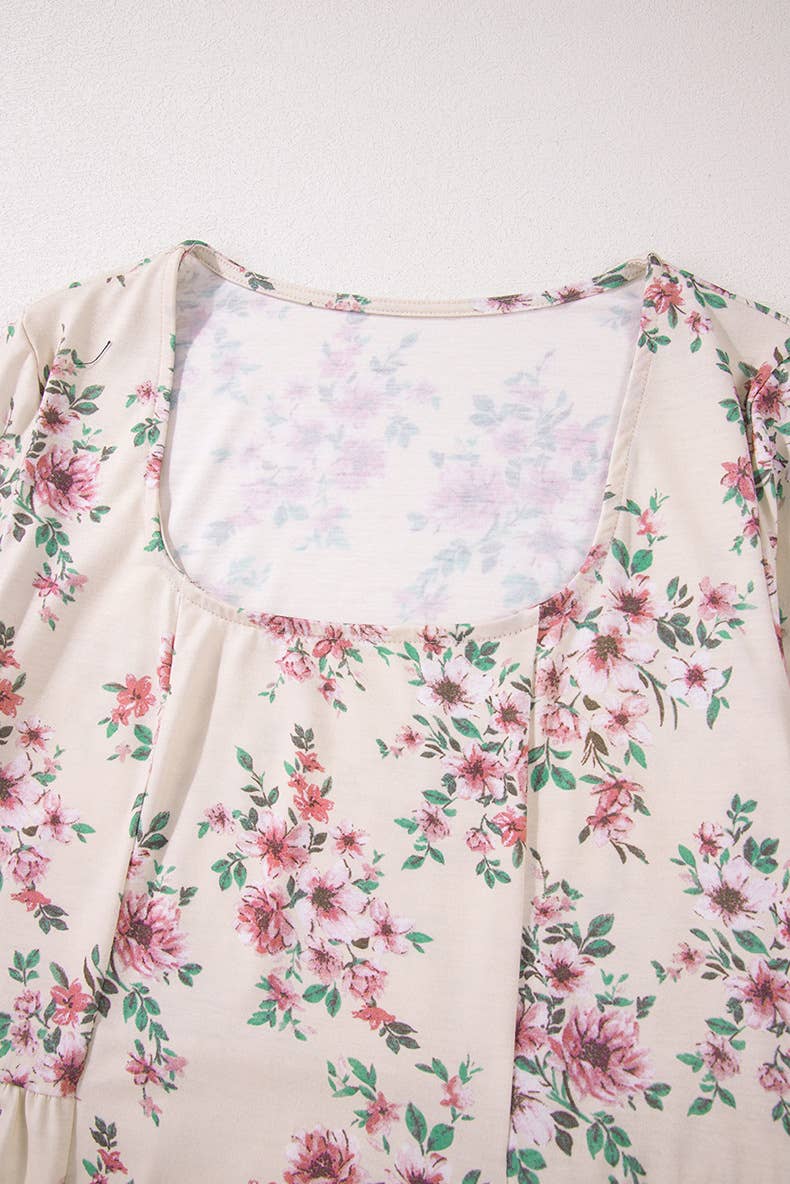 U-Neck Floral Print Pleated Long-Sleeved Top