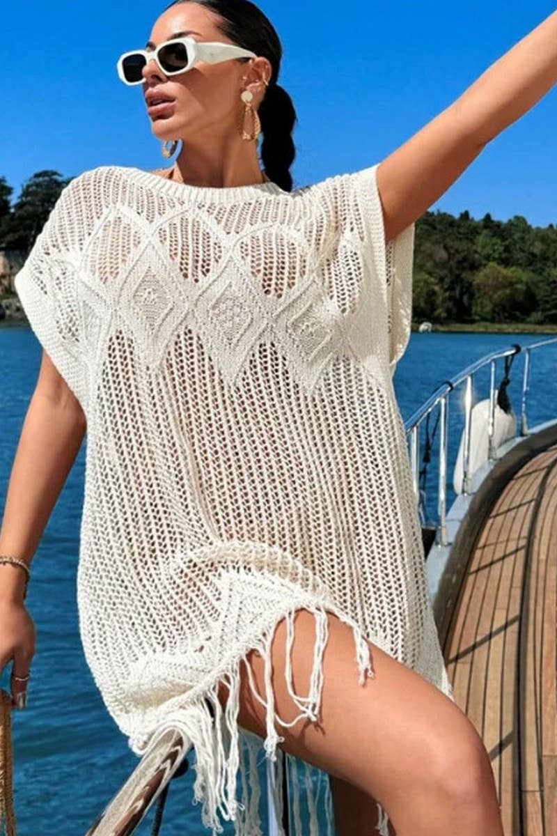 Cwtbls1694_Hollow Knit Loose Tassel Seaside Holiday Dress