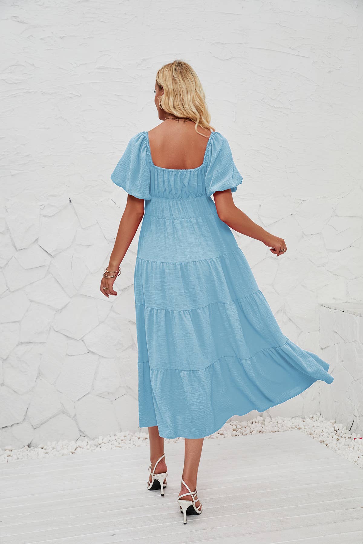Square-Neck High-Waisted Pleated Dress